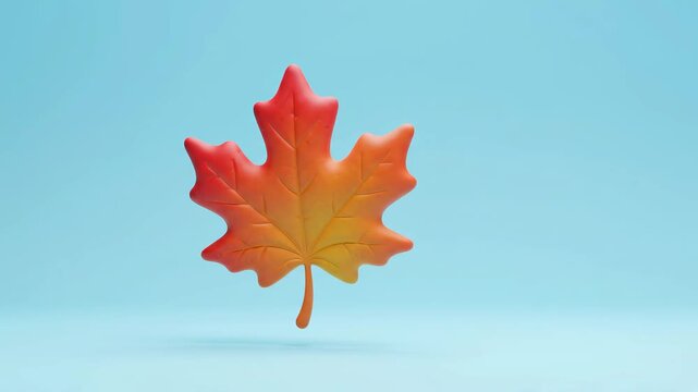 A charming 3D animated maple leaf in warm red and orange hues gracefully floats and spins on a light blue studio background, perfect for seasonal designs.