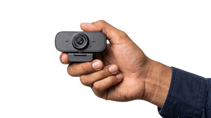 Webcam black wide lens device gripped upright in hand with clip mount for online meeting streaming technology PNG, Transparent Background © Abdulmalek