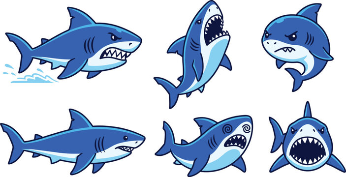 Cartoon Blue Shark Sticker Vector Set Featuring Great White Predators with Angry, Hungry, Smiling, and Dizzy Comic Expressions for Kids Mascot Designs