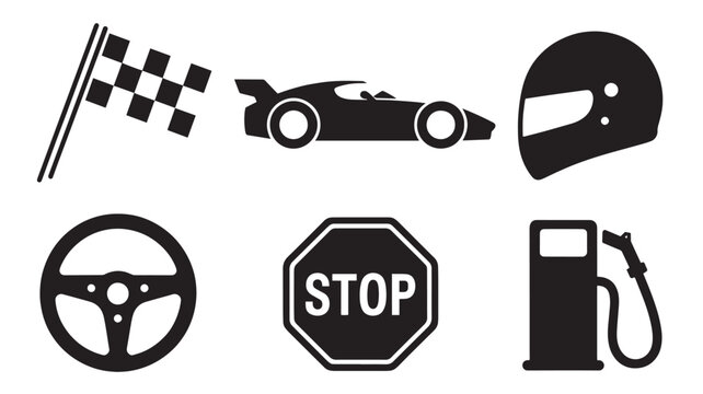 Checkered flag, race car, helmet, steering wheel, stop sign, and gas pump icons symbolize the fast-paced world of automotive racing and road safety.