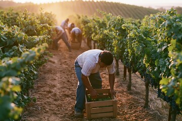 Naklejka premium The Harvest in the Vineyard at Sunset with Working Hands