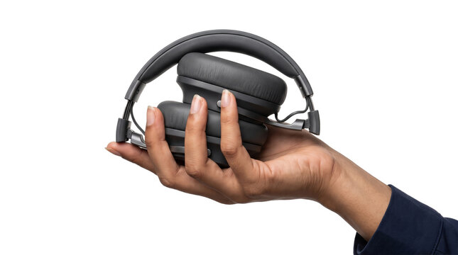 Headphones black wireless over ear device held in hand with padded cushions for music technology and audio PNG, Transparent Background