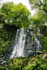 Obraz premium Refreshing Cascade de Vaucoux surrounded by lush forest in the Massif du Sancy, Auvergne, France, representing tranquility, coolness, natural beauty and an escape into nature.