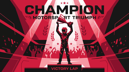 Fototapeta premium Champion Motorsport Triumph Celebration With Trophy And Excited Crowd