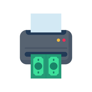 Modern printer device generating green paper currency bills, symbolizing financial gain and income