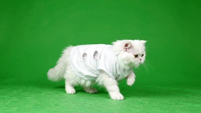 A charming white Persian kitten wearing a white shirt with holes walks slowly on a green screen. The adorable cat explores.