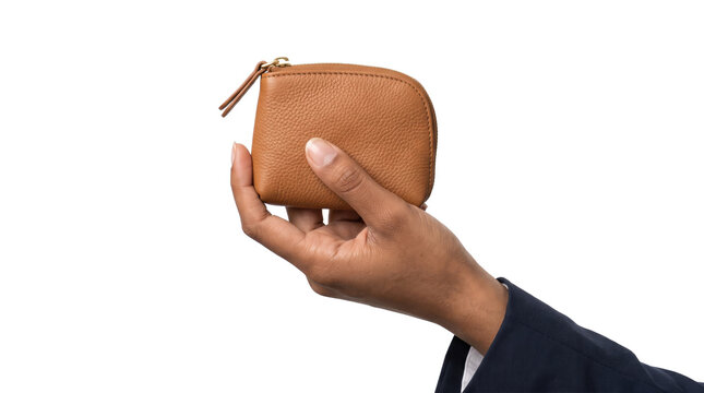 Coin purse tan leather zipper wallet held in hand with textured finish for fashion accessory and lifestyle PNG, Transparent Background