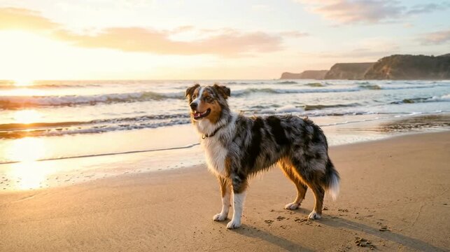 australian shepherd mix at bondi beach sydney beautiful composition morning sunlight video