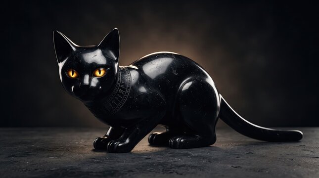A cute black cat with glowing yellow eyes sitting in the dark for a spooky halloween celebration concept