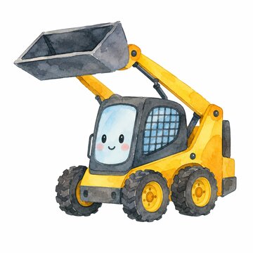 Cute skid steer loader cartoon character watercolor illustration isolated