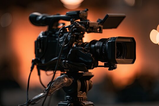 Professional video camera on tripod, ready for action
