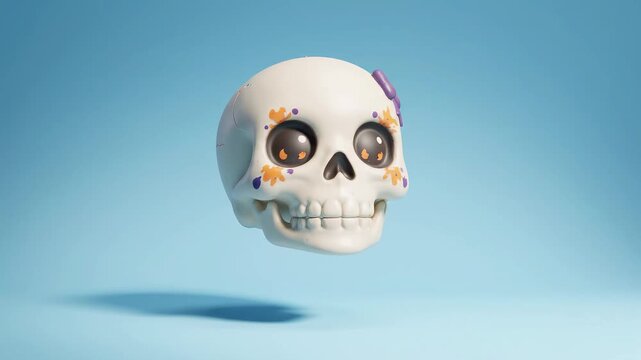 A cute 3D animated sugar skull with big eyes and a purple bow rotates on a blue background. Perfect for holidays.