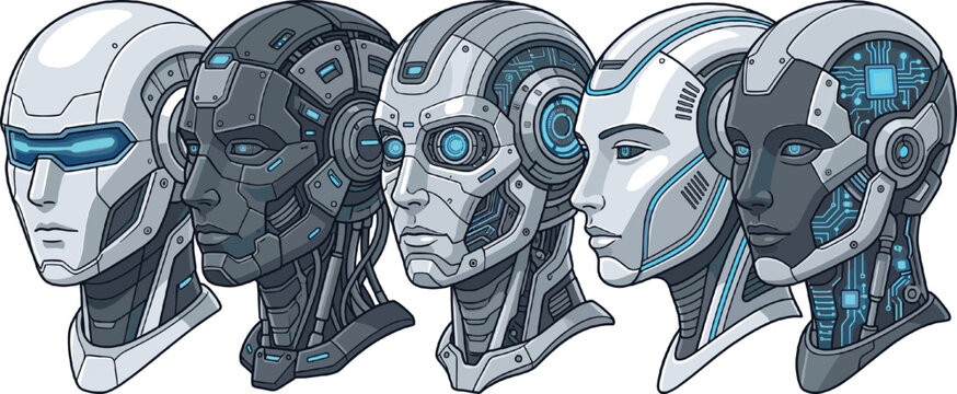 Futuristic robot and cybernetic android head editable vector illustration set featuring humanoid machines, artificial intelligence, mechanical components, robotics, and digital technology