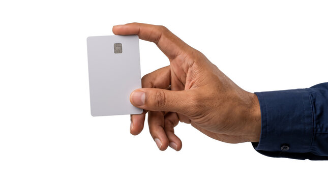 Credit card white blank plastic mockup pinched between fingers with chip for banking finance payment PNG, Transparent Background