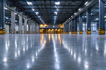 Fototapeta premium The Empty Warehouse Interior Bathed in Bright Industrial Lighting and Reflections