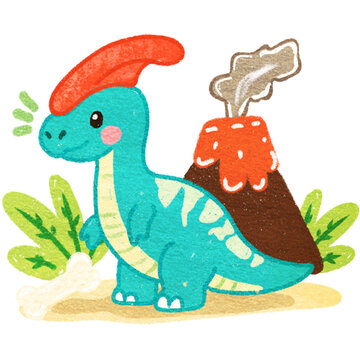 Cute Crayon Parasaurolophus Dinosaur with Erupting Volcano Hand Drawn Illustration