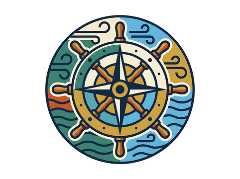 Vintage ship steering wheel and compass rose badge with ocean waves and wind illustration nautical badge maritime emblem marine symbol navigation direction
