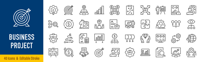 Plakat Business Project line icon set in editable stroke style. Project management, planning, strategy, workflow, tasks, timeline, deadline, teamwork, goals, progress, budget, resources, collection. Vector