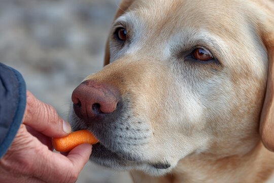 Close-up of a golden retriever eagerly receiving a carrot from a person's hand, showcasing the bond between pet and owner in a warm, outdoor setting