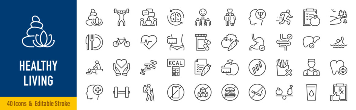 Healthy Living line icon set. Wellness, health, fitness, nutrition, exercise, sleep, hydration, diet, yoga, meditation, self care, healthy habits, lifestyle, collection. Editable stroke. Vector