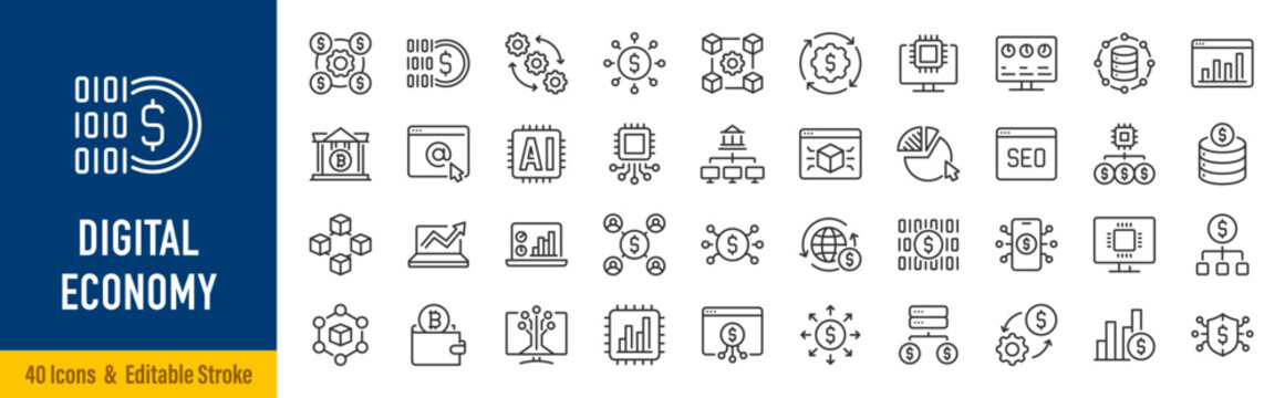 Digital Economy line icon set in editable stroke style. Fintech, ecommerce, banking, payment, cryptocurrency, blockchain, AI, automation, data, cloud, marketplace, digital services. Vector