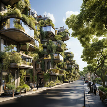Modern apartments in a city with vegetation on the balconies, green urban planning, environmental protection, ai generated