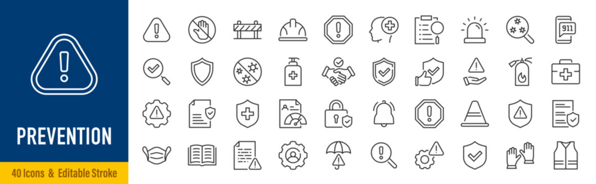 Set of Prevention web icons in line style. Safety, protection, health, risk, awareness, hygiene, disease, warning, hazard, emergency, screening, vaccination, collection. Editable stroke. Vector