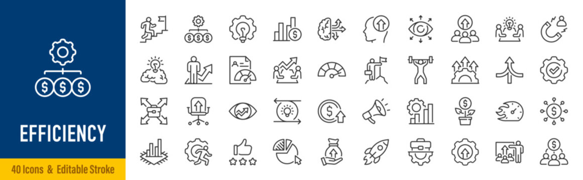 Efficiency line icon set in editable stroke style. Productivity, optimization, workflow, automation, performance, time management, process, resource, productivity, improvement, collection. Vector