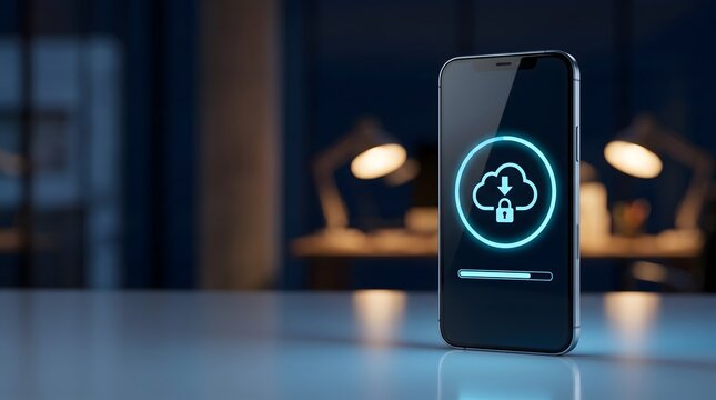 Smartphone displaying secure cloud download hologram with padlock and progress bar for mobile data backup concept