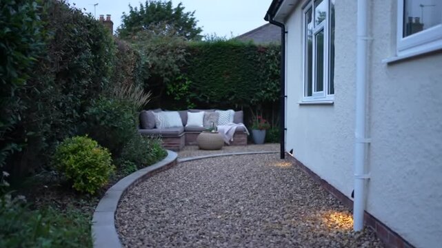 Modern residential garden path with gravel, exterior lighting, and outdoor seating area house exterior modern home backyard patio furniture