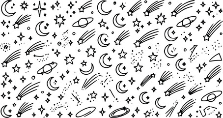 Celestial hand drawn vector illustration featuring multiple moons, sparkling stars, shooting comets and orbiting planets in a clean minimal style © Arun