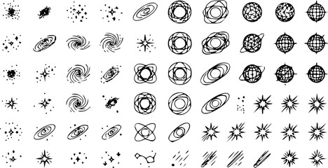 Hand drawn vector illustration featuring celestial elements like glowing stars, spinning galaxies, intricate planets, and sparkling cosmic bursts of energy © Arun