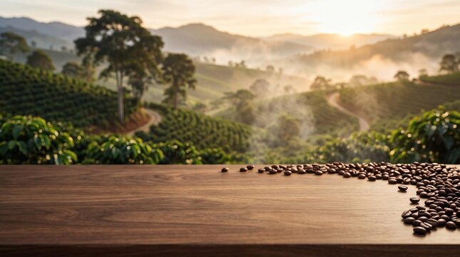 Wooden table with roasted coffee beans overlooking a misty morning coffee plantation landscape.