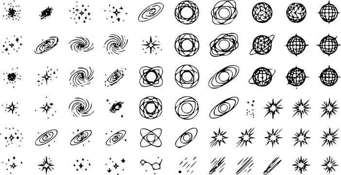 Hand drawn vector illustration featuring celestial elements like glowing stars, spinning galaxies, intricate planets, and sparkling cosmic bursts of energy