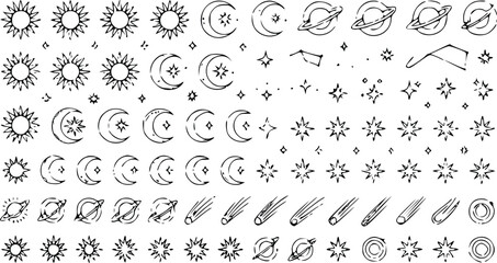 Hand drawn celestial vector illustration featuring various suns, moons, planets, stars, and comets for creative cosmic design project graphic assets © Arun