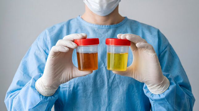 Medical professional holding urine sample containers for testing.