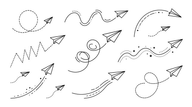 Paper airplane doodles with dashed flight paths set