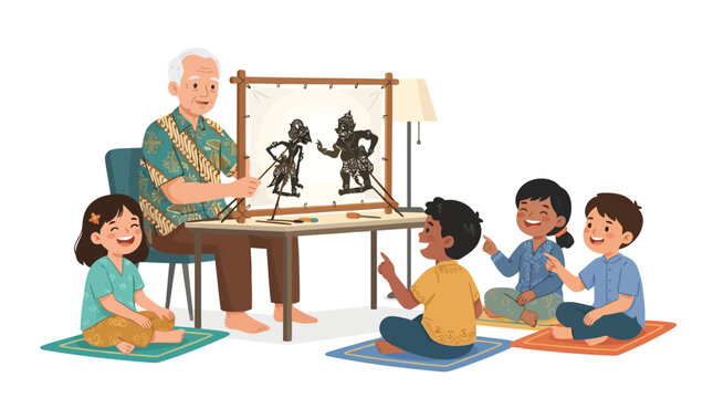 Elderly man performing wayang kulit shadow puppet show for group of diverse children in flat vector illustration style