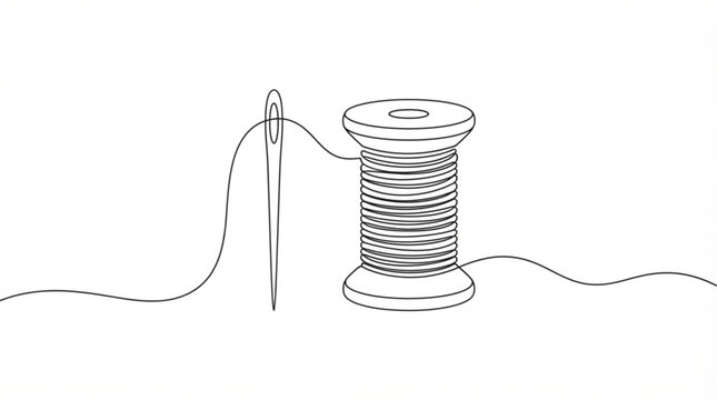 Continuous one line art needle and thread spool sewing vector icon