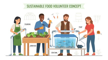 Fototapeta premium Volunteers working on aquaponics sustainable food system with fish tank and grow bed vector illustration concept