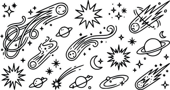 Whimsical hand drawn space doodle vector illustration featuring various stylized comets, planets, sparkling stars and crescent moon cosmic celestial icons