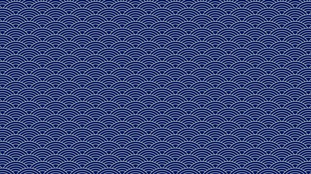 Classic navy blue seigaiha wave pattern with white outlines, seamlessly animated moving upward. Clean nautical texture perfect for backgrounds and motion graphics.