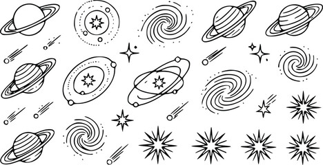 Celestial space vector illustration featuring detailed drawings of multiple planets, swirling spiral galaxies, shining stars, and quick moving shooting comets © Arun