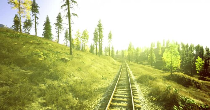 Distant hills silhouette with nostalgic travel ambiance at dawn, Serene sunrise illuminates curved railway with nostalgic and adventurous travel atmosphere