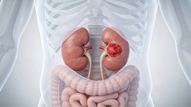Kidney Cancer: Malignant Neoplasm Lesion of Human Renal Organ, 3D Medical Anatomical Illustration of Human Kidney