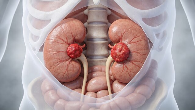 Kidney Cancer: Malignant Neoplasm Lesion of Human Renal Organ, 3D Medical Anatomical Illustration of Human Kidney