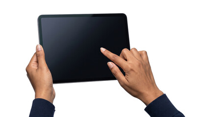 Tablet held in hands with touchscreen interaction using PNG, Transparent Background for digital technology © Abdulmalek