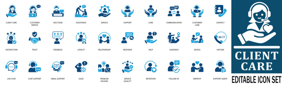 Customer support and client care icon set featuring help desk, call center agent, AI , , technical assistance, service ticket, and client communication symbols for business.