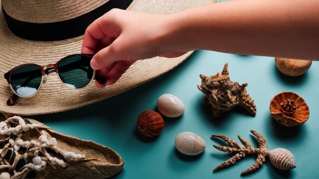Still life summer tropical flat lay with attributes of vacation weekend on sea ocean AI Generative