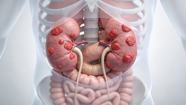 Kidney Cancer: Malignant Neoplasm Lesion of Human Renal Organ, 3D Medical Anatomical Illustration of Human Kidney